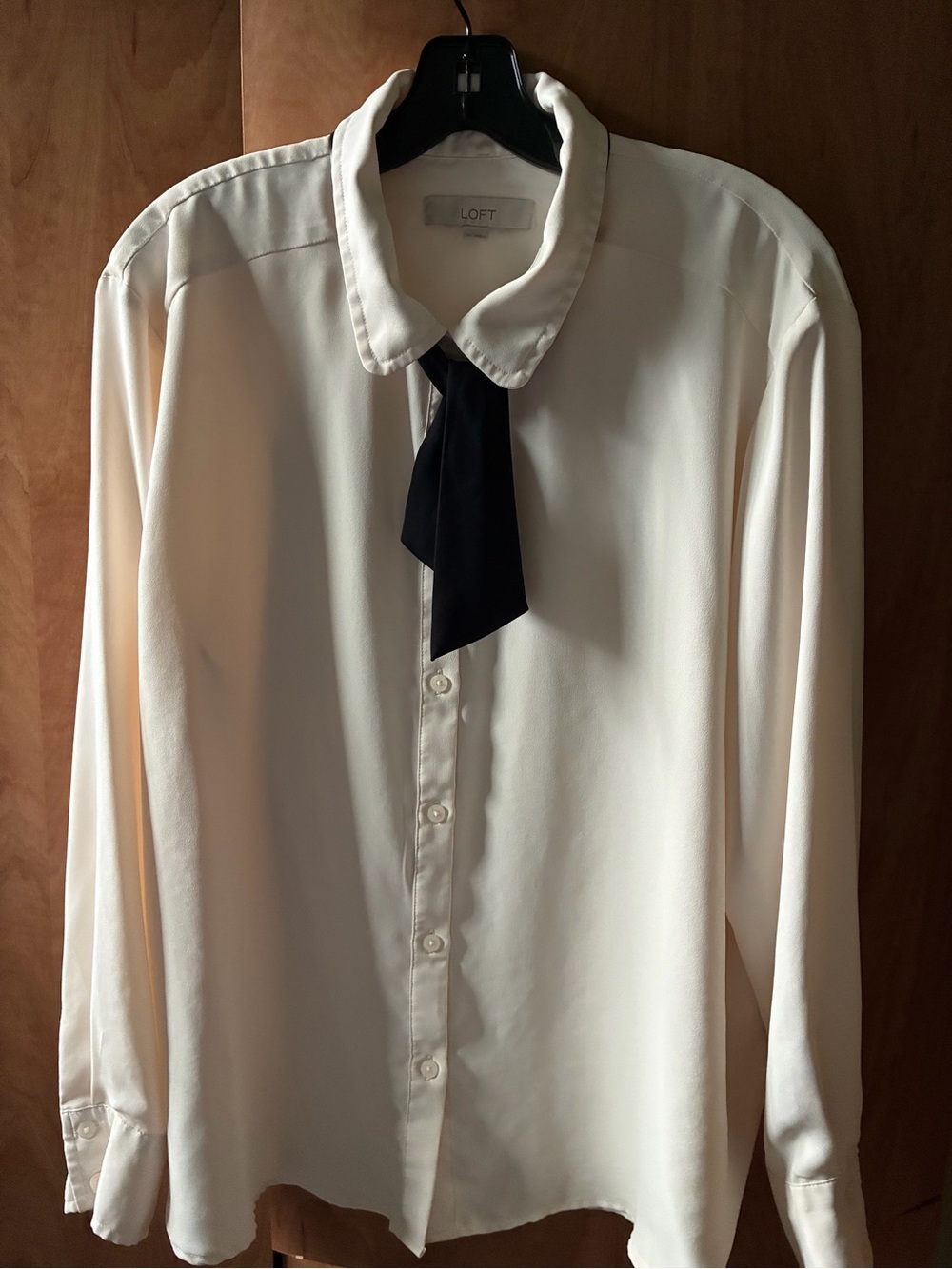 LOFT Cream Button-Up Shirt with Black Neck Tie Accent